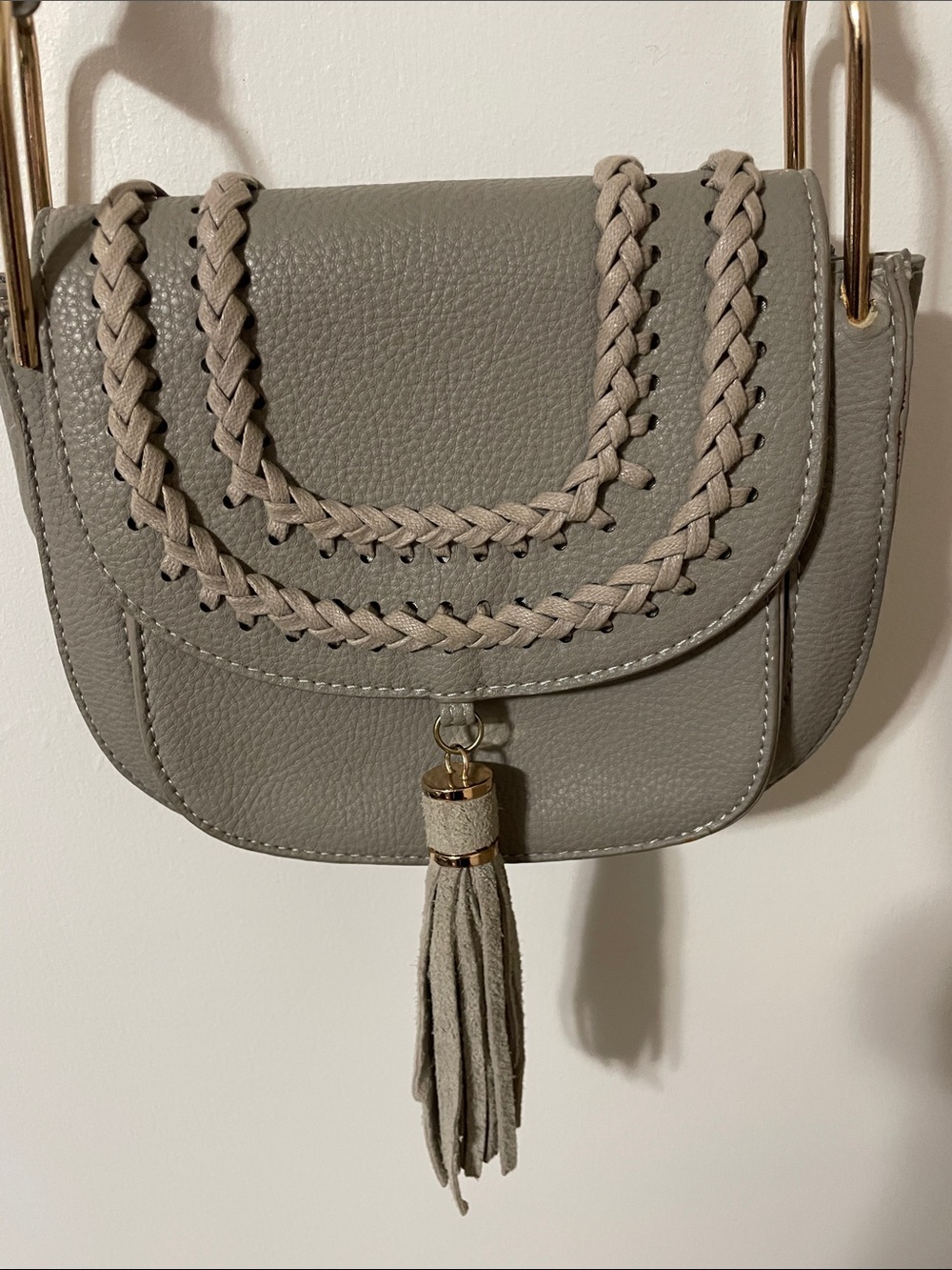 Moda Luxe Grey Leather Woven & Tassel Crossbody Bag